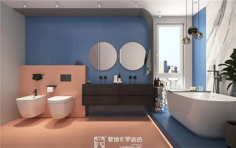  蒙地卡罗浅孔雀蓝纯色瓷砖卫生间效果图